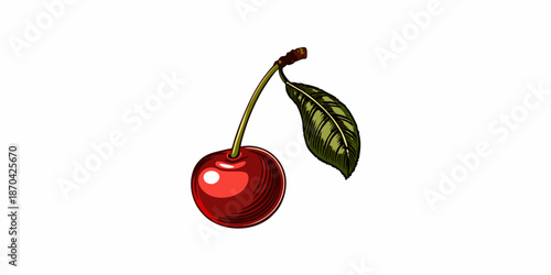 A vibrant illustration of a single ripe cherry with a green leaf