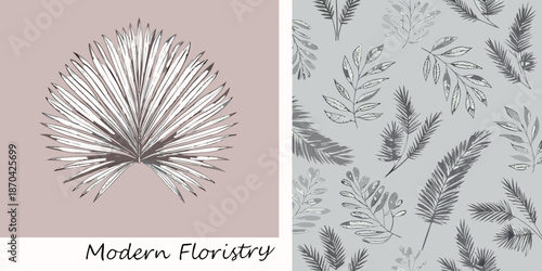 Elegant botanical illustration with a single palm frond and patterned background