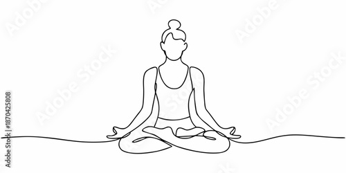 A single line drawing of a woman in a lotus yoga position