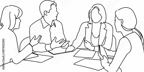 A sketch depicting a group of people seated around a table in discussion