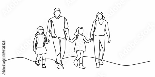 A simple line drawing depicts a family of four holding hands together