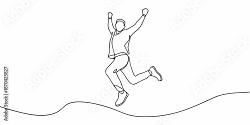A continuous line drawing of a joyful person jumping for success