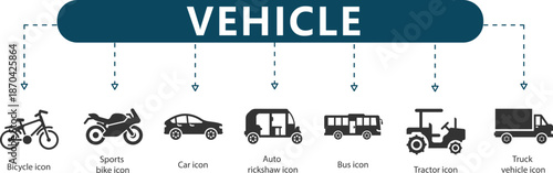 Vehicle and Transportation Infographic Silhouette Icons for Car, Truck, Bus, Bike, and Tractor for Logistics and Urban Planning