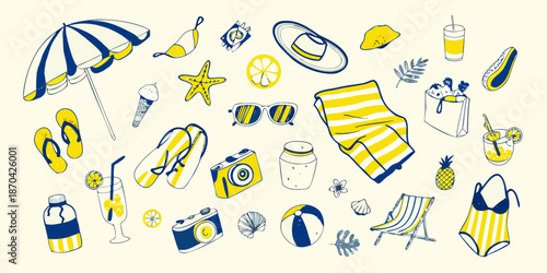 A colorful summer collection featuring beach items and vibrant blue and yellow hues