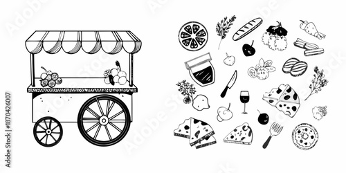 A charming black and white illustration of a food cart and various delicacies