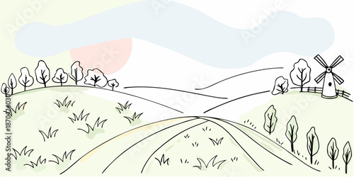 A peaceful countryside scene with a windmill and rolling green hills