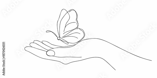 A delicate butterfly resting gently on an open human hand line art