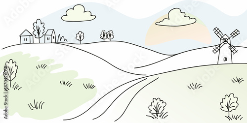 A charming countryside landscape with rolling hills a windmill and quaint houses