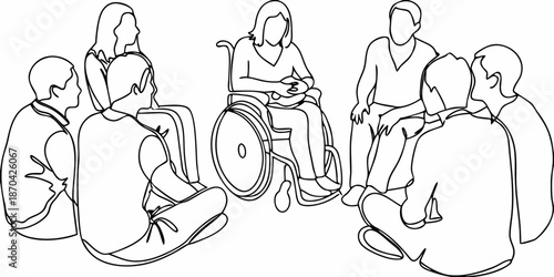 Diverse group of people sitting in a circle including a wheelchair user