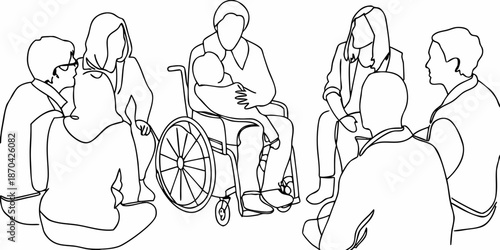 A diverse group of people in a circle including someone using a wheelchair
