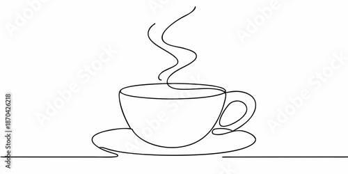 A single line drawing of a steaming cup of coffee on a saucer