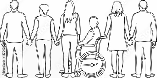 A group of people including a person in a wheelchair holding hands together