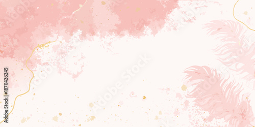 Soft pink watercolor wash with golden accents and delicate tropical leaves