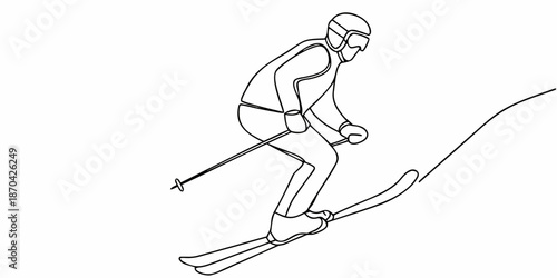 Line art illustration of a skier in motion downhill on snowy slopes