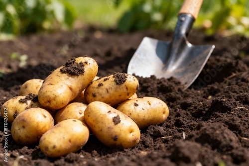 Freshly Harvested Potatoes with Garden Trowel in Soil