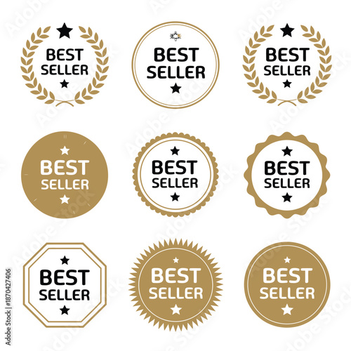 Best seller icon badge vector illustration, bestseller logo label tag design, gold award round stamp with ribbon stars text.