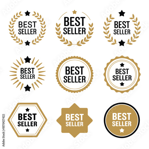 Best seller icon badge vector illustration, premium bestseller logo label template, gold round award stamp sticker with ribbon and stars.