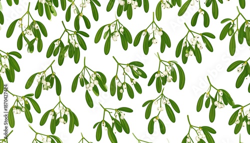 Mistletoe Pattern - Festive Greenery and White Berries on White Background.