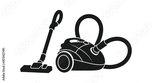 A striking black and white depiction of a canister vacuum cleaner in silhouette