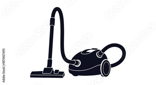 A dark blue silhouette of a vintage style upright vacuum cleaner on a white background silhouette