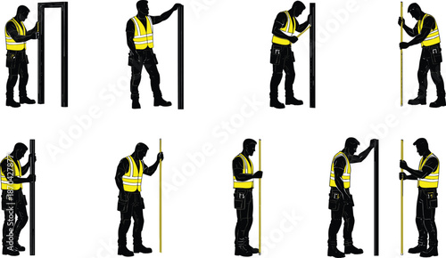 Construction worker silhouette, safety vest, vertical beam installation, industrial tools, measuring, inspection, teamwork, labor, framing, site work, engineering
