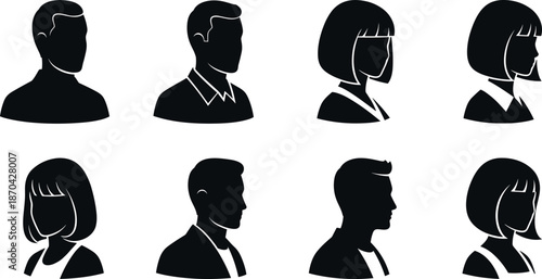 Construction worker silhouettes pointing upward on white background, industrial teamwork concept, labor poses collection, building industry illustration, professional worker outline set