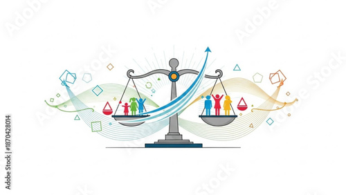 Scales of justice balancing diverse people and growth concept of equality and fairness vector illustration for social justice and busin