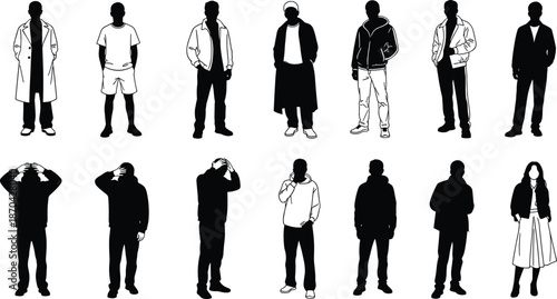Urban people silhouette vector set showing casual streetwear outfits, modern fashion poses and diverse lifestyle characters for creative design projects.