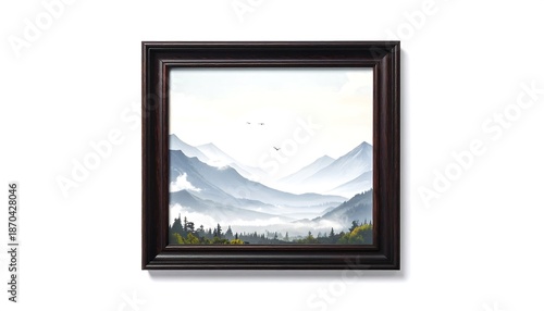 Misty Mountain Vista - A Serene Landscape Painting in Dark Frame.