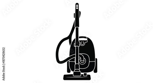 A striking black and white illustration of a canister vacuum cleaner a household cleaning tool silhouette