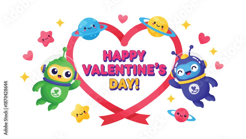 Colorful Valentine's Day graphic with cartoon aliens and heart surrounded by stars, planets, and hearts on a white background.