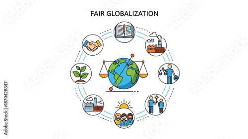 Fair globalization concept with icons representing trade industry and cooperation vector illustration for business and economics