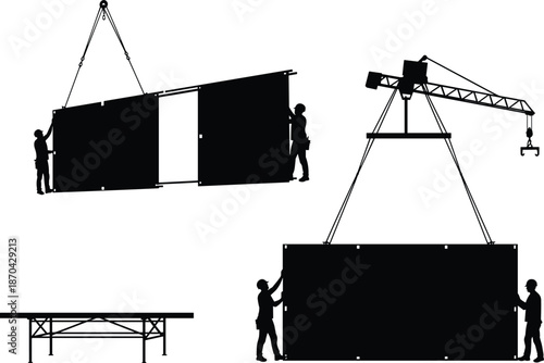 Construction workers lifting modular wall panel with crane, teamwork in building site, heavy equipment, industrial assembly, prefabricated structure installation process