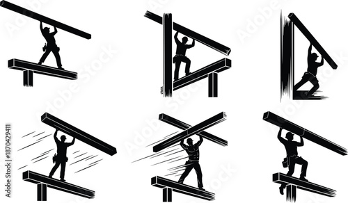 Construction workers illustration, steel beams, high rise building, black and white drawing, industrial labor, teamwork, balance, architecture, engineering, construction site