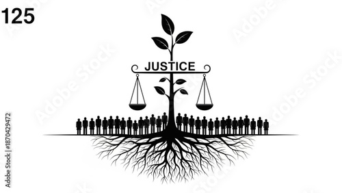 Justice scales balanced on a tree with roots and people concept of fairness and equality vector illustration for legal or social themes