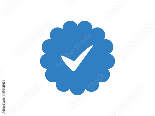 A blue checkmark symbol within a floral shaped design silhouette