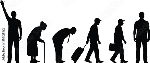 Human life stages silhouette vector showing aging journey from youth to senior, travel lifestyle, work career evolution and personal development.