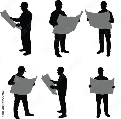 Construction Workers Silhouette Vector with Engineers and Architects Planning, Blueprint Review and Teamwork Concept