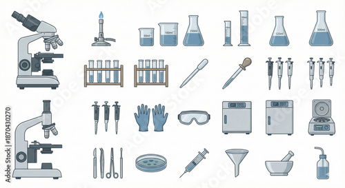 Science Laboratory Equipment Icon Set. Chemistry and Biology Lab Tools Vector Style Illustration.