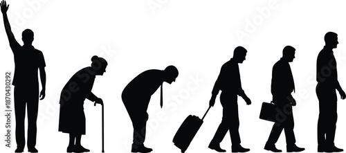 Human life stages silhouette vector showing aging process from youth to senior walking with cane, travel bag and briefcase.