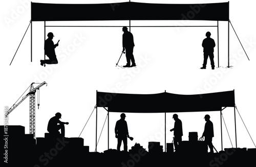 Construction workers silhouettes, surveying equipment, canopy tent, teamwork, crane, building site, engineering, architecture, planning, industry, machinery, project