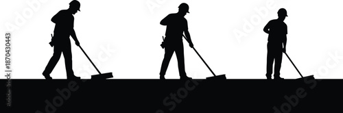 Construction workers silhouettes, sweeping platform, teamwork, cleaning, labor, hard hats, tools, maintenance, industry, site, safety, work