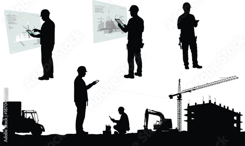 Construction workers using digital devices, modern construction site, crane, excavator, scaffolding, teamwork, engineering, architecture, planning, safety, innovation, industry