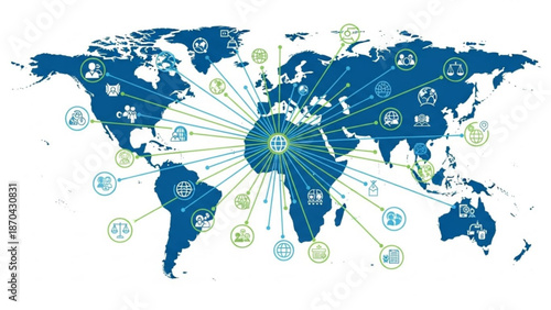 Global network of connections and communication world map with icons representing people and business concept for international trade a