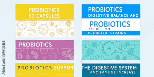 Colorful probiotic supplement packaging with details on capsules strains and digestive health