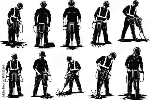 Construction, Worker, Jackhammer, Safety, Helmet, Vest, Labor, Industry, Tool, Machinery, Vibration, Drilling, Vector, Illustration, Silhouette, Equipment, Protective, Occupational, Industrial, Power