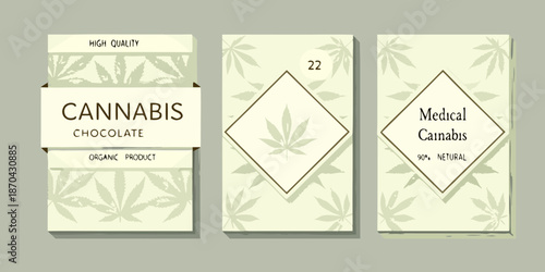 Cannabis chocolate packaging designs with organic leaves and medical cannabis labels