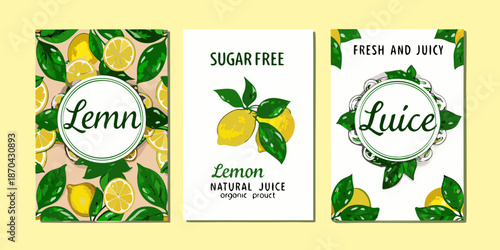 Lemon juice packaging designs with vibrant illustrations and sugar free claims