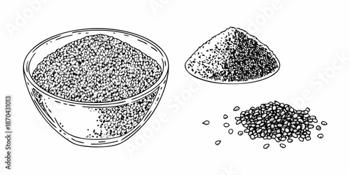 Sketch illustration of sesame seeds in a bowl and scattered portions