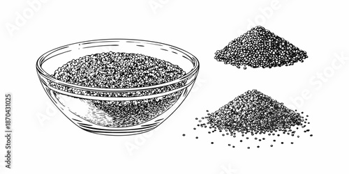 Sketch of chia seeds in a glass bowl and loose piles nearby